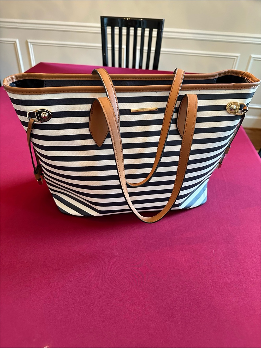 Aldo Striped Navy and White Large Tote with Tan Trim NWOT - Picture 7 of 14